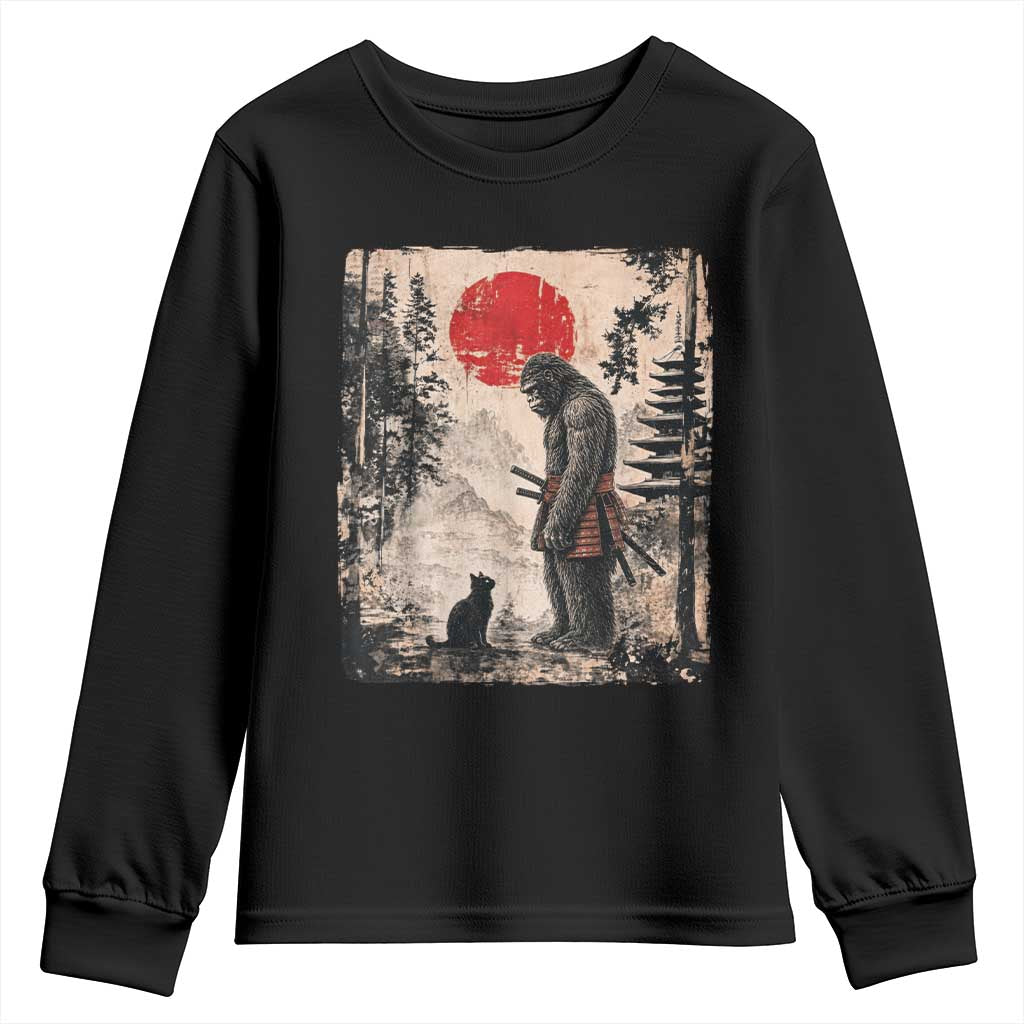 Vintage Japanese Art Bigfoot Samurai Warrior and Black Cat Youth Sweatshirt Sasquatch Lovers Vintage Graphic Ukiyo-e Art TS10 Black Print Your Wear