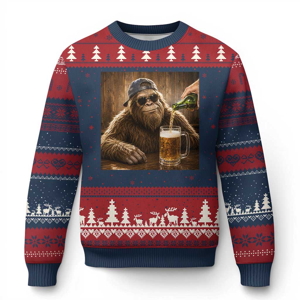 Funny Bigfoot Drinking Beer Ugly Christmas Sweater Vintage Cool Sunglasses Sasquatch Pub Graphic TS10 Navy Red Print Your Wear