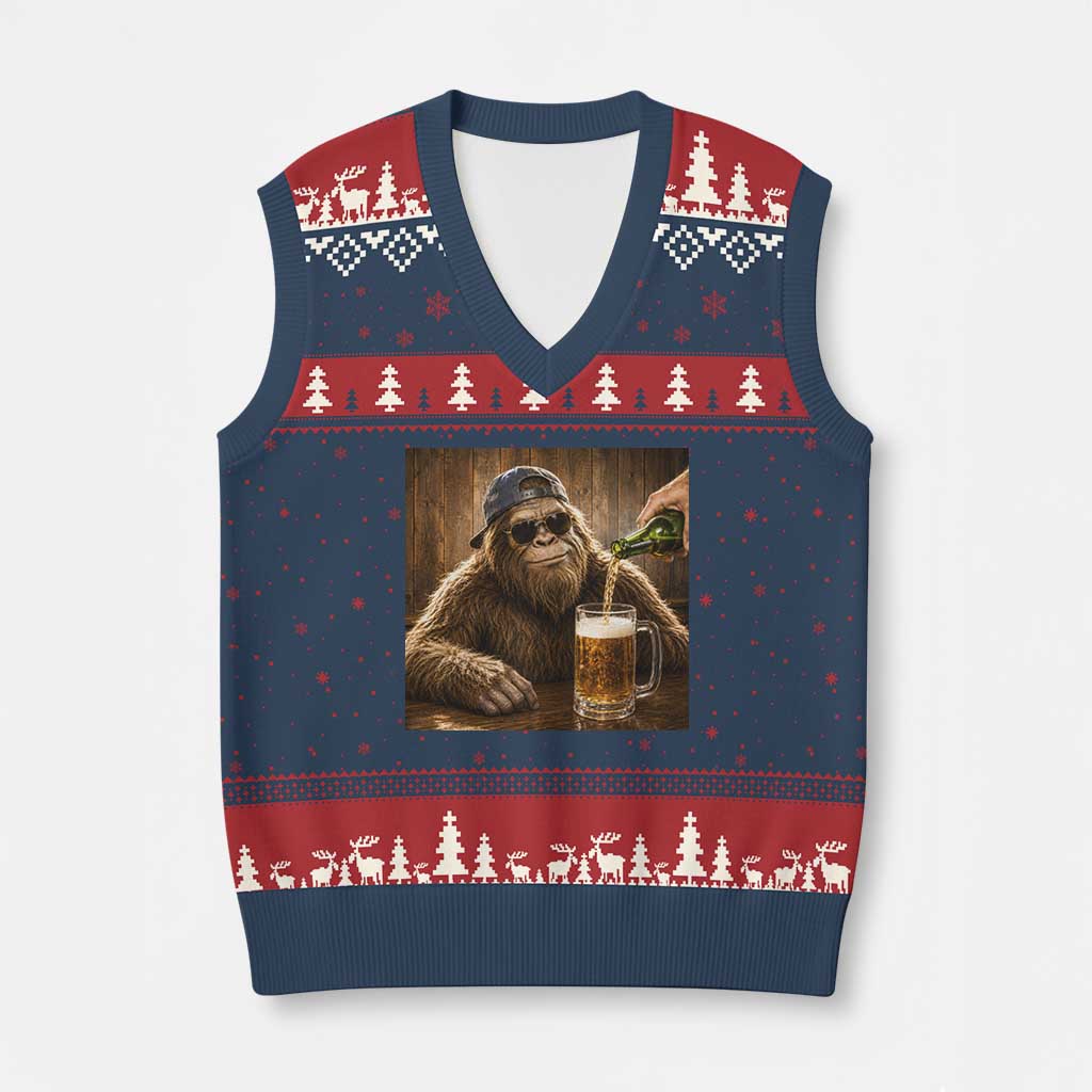 Funny Bigfoot Drinking Beer V-Neck Knit Sweater Vest Vintage Cool Sunglasses Sasquatch Pub Graphic TS10 Navy Red Print Your Wear