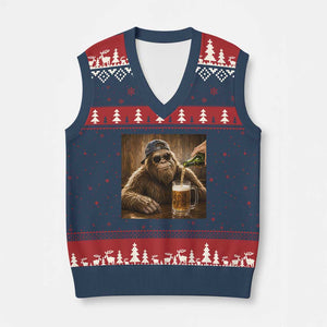 Funny Bigfoot Drinking Beer V-Neck Knit Sweater Vest Vintage Cool Sunglasses Sasquatch Pub Graphic TS10 Navy Red Print Your Wear