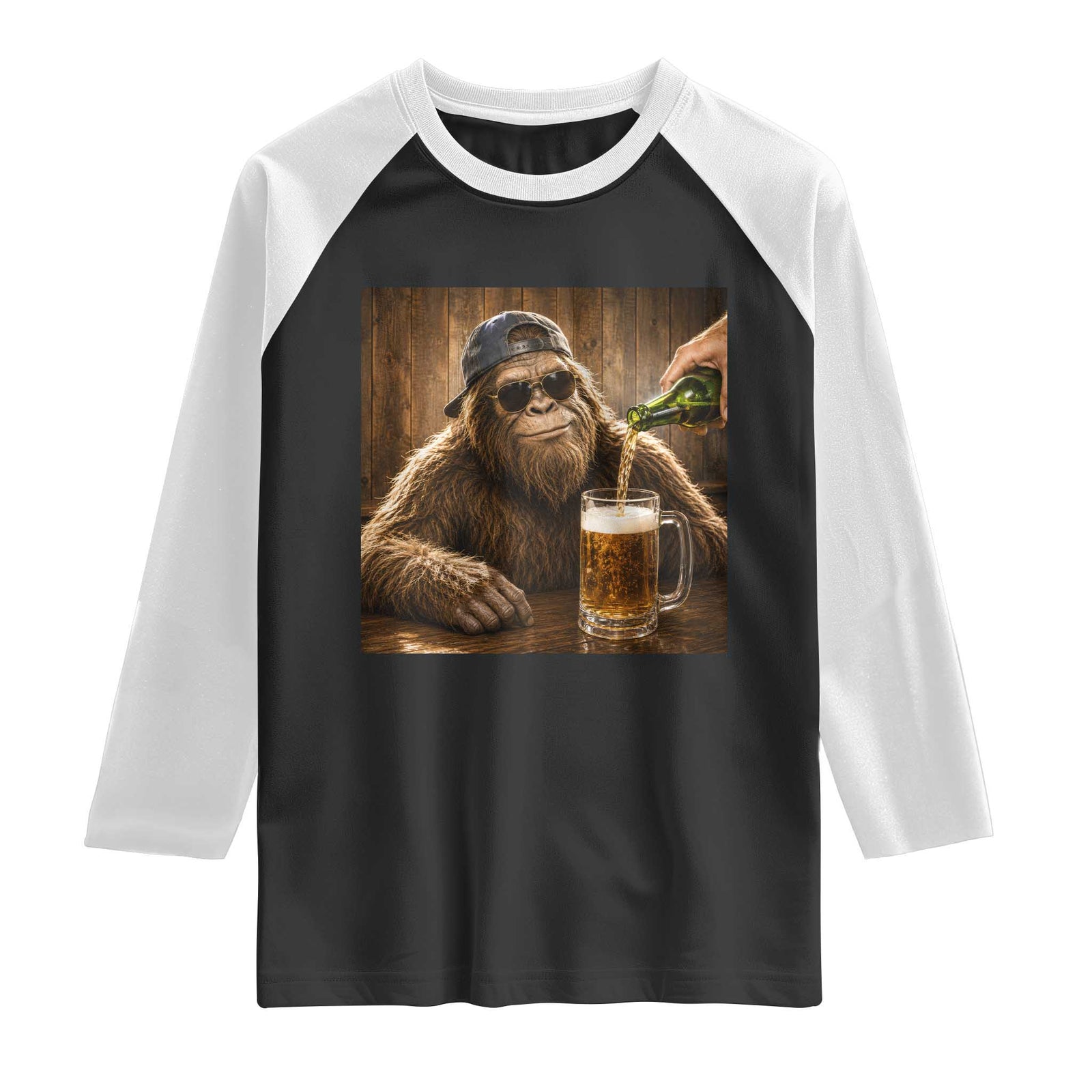 Funny Bigfoot Drinking Beer Raglan Shirt Vintage Cool Sunglasses Sasquatch Pub Graphic TS10 Black White Print Your Wear