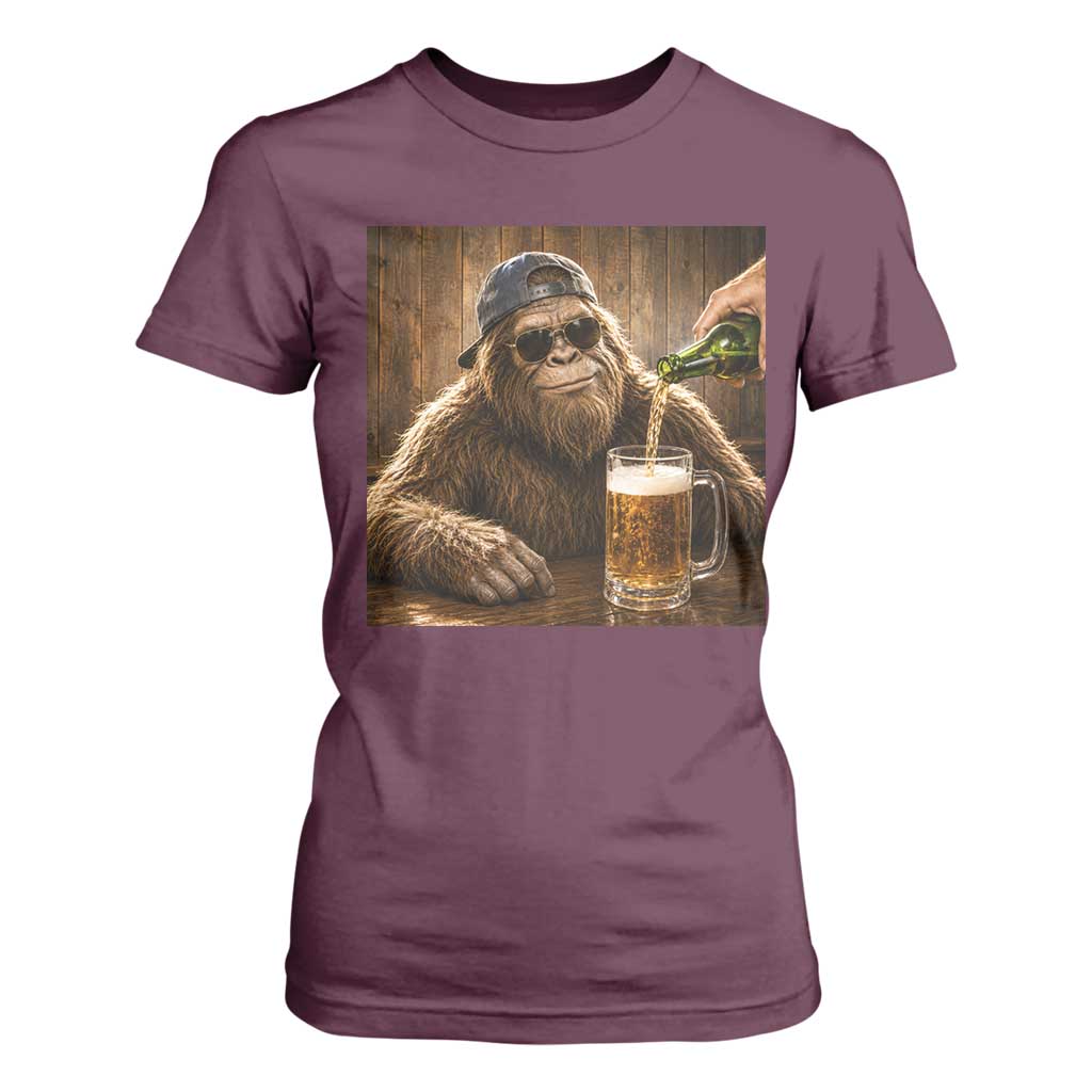 Funny Bigfoot Drinking Beer T Shirt For Women Vintage Cool Sunglasses Sasquatch Pub Graphic TS10 Maroon Print Your Wear