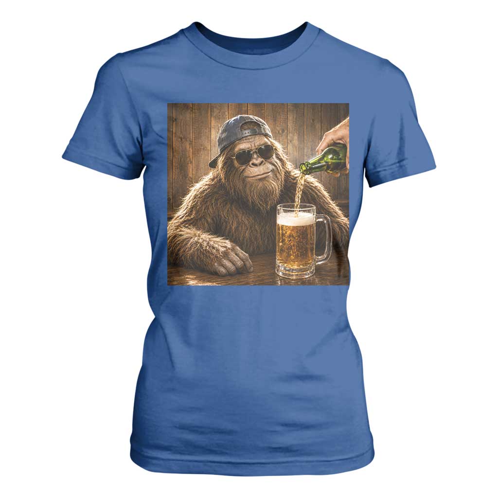 Funny Bigfoot Drinking Beer T Shirt For Women Vintage Cool Sunglasses Sasquatch Pub Graphic TS10 Royal Blue Print Your Wear