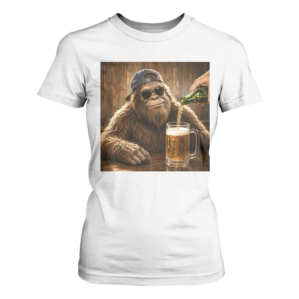 Funny Bigfoot Drinking Beer T Shirt For Women Vintage Cool Sunglasses Sasquatch Pub Graphic TS10 White Print Your Wear