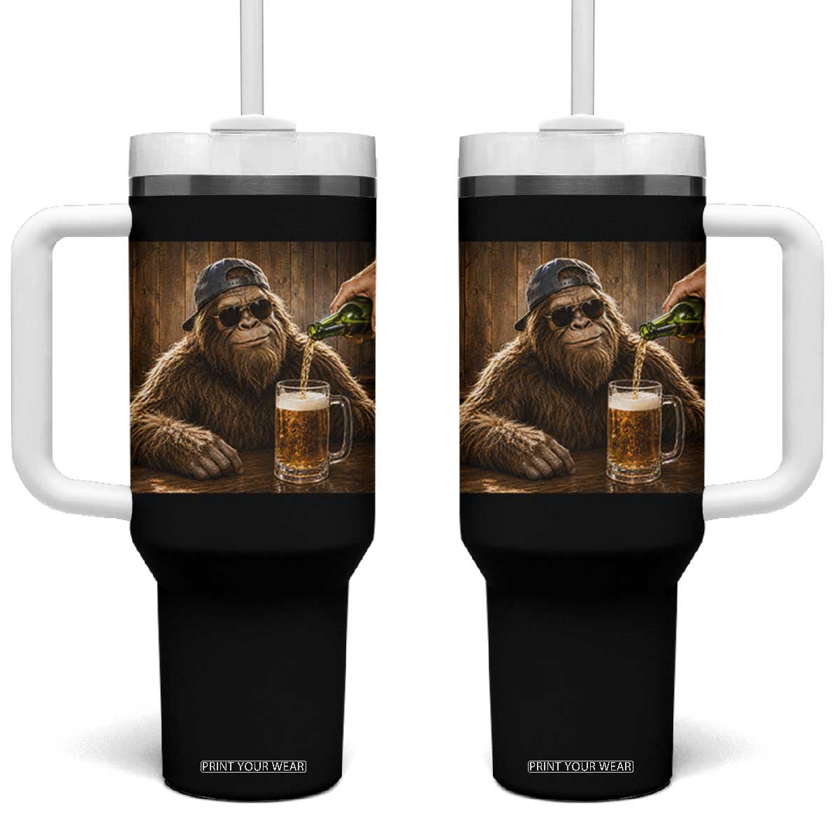 Funny Bigfoot Drinking Beer Tumbler With Handle Vintage Cool Sunglasses Sasquatch Pub Graphic TS10 One Size: 40 oz Black Print Your Wear