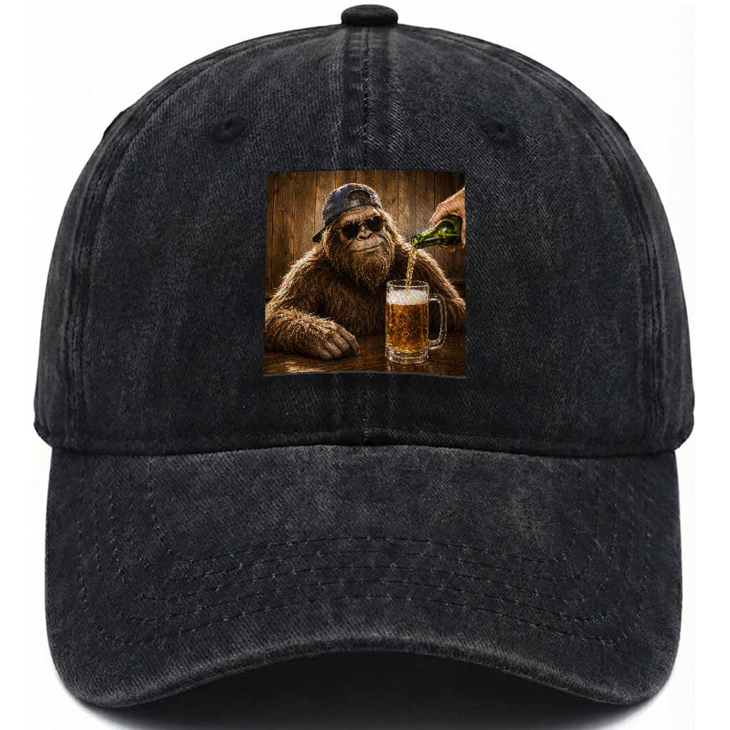 Funny Bigfoot Drinking Beer Washed Cotton Baseball Cap Vintage Cool Sunglasses Sasquatch Pub Graphic TS10 Print Your Wear