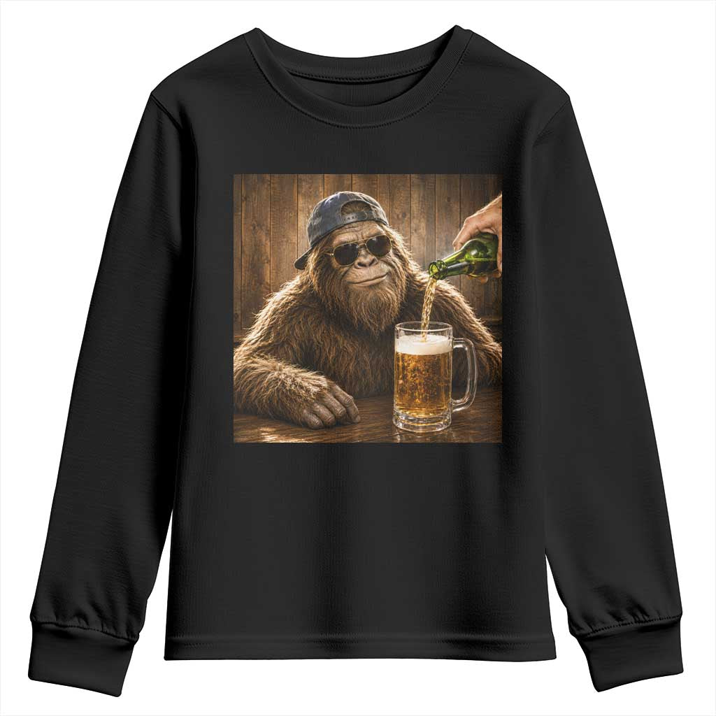 Funny Bigfoot Drinking Beer Youth Sweatshirt Vintage Cool Sunglasses Sasquatch Pub Graphic TS10 Black Print Your Wear