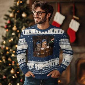 Funny Smoking Cats Drinking Beer at the Bar Ugly Christmas Sweater Funny Bad Boys Cigarette Kitty Gen Z Meme TS10 Navy Beige Print Your Wear