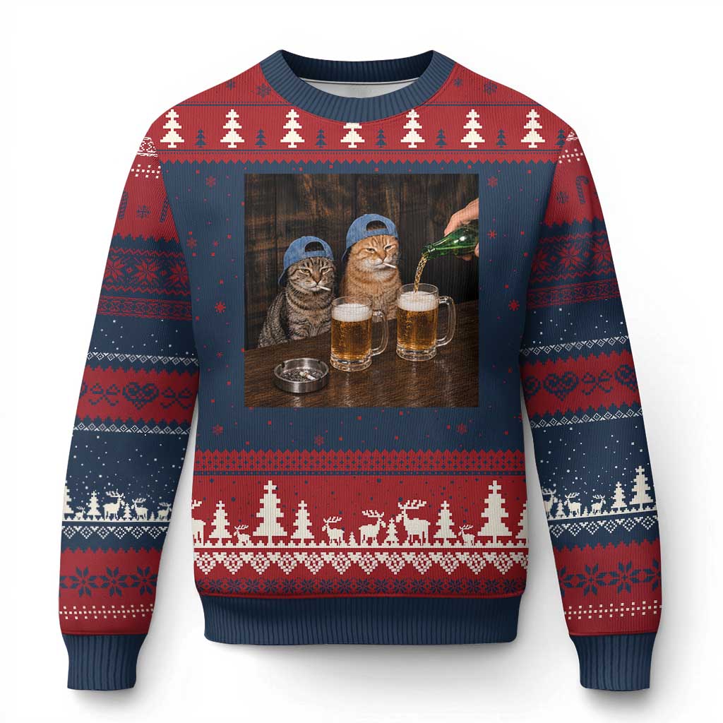 Funny Smoking Cats Drinking Beer at the Bar Ugly Christmas Sweater Funny Bad Boys Cigarette Kitty Gen Z Meme TS10 Navy Red Print Your Wear