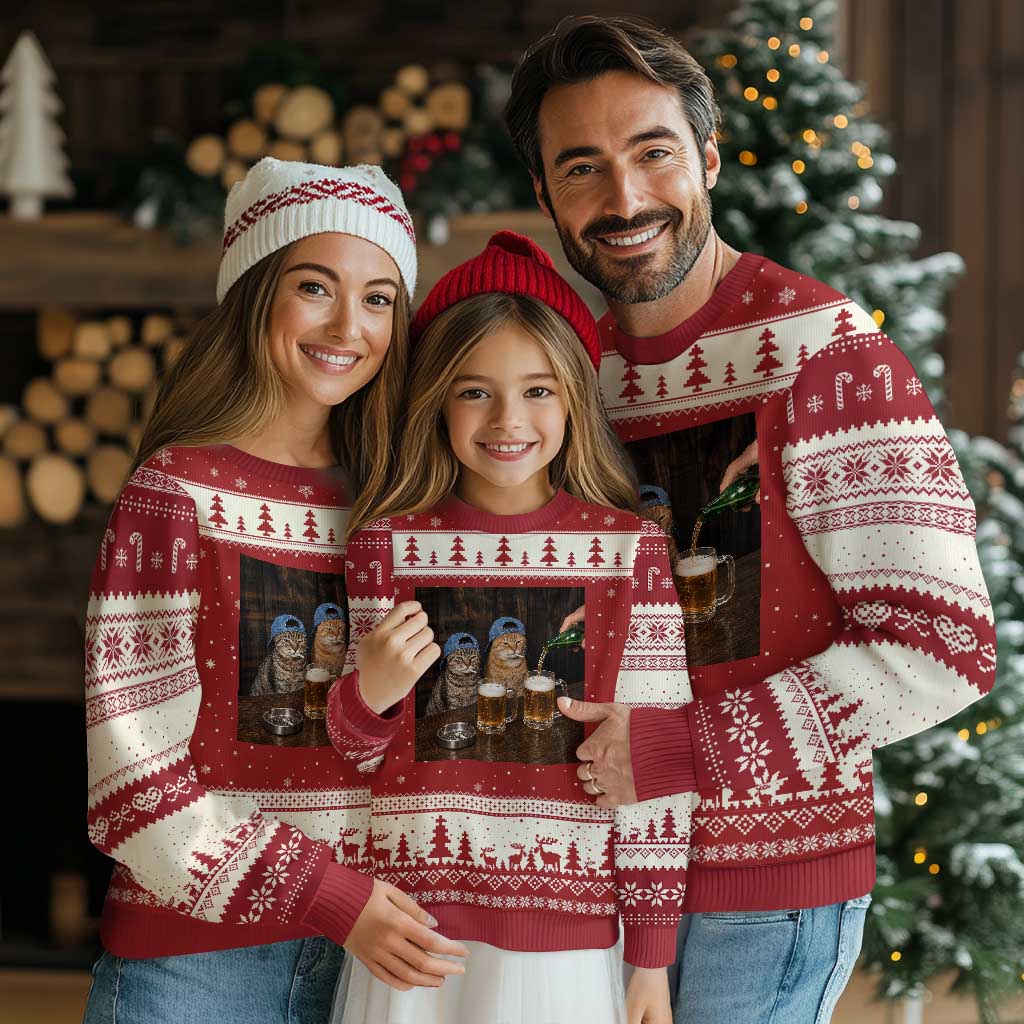 Funny Smoking Cats Drinking Beer at the Bar Ugly Christmas Sweater Funny Bad Boys Cigarette Kitty Gen Z Meme TS10 Red Beige Print Your Wear