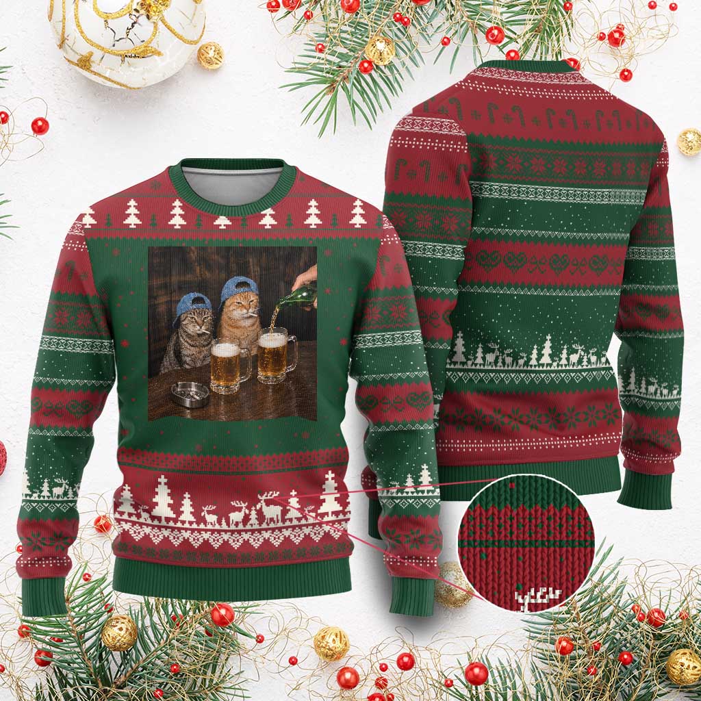 Funny Smoking Cats Drinking Beer at the Bar Ugly Christmas Sweater Funny Bad Boys Cigarette Kitty Gen Z Meme TS10 Red Green Print Your Wear