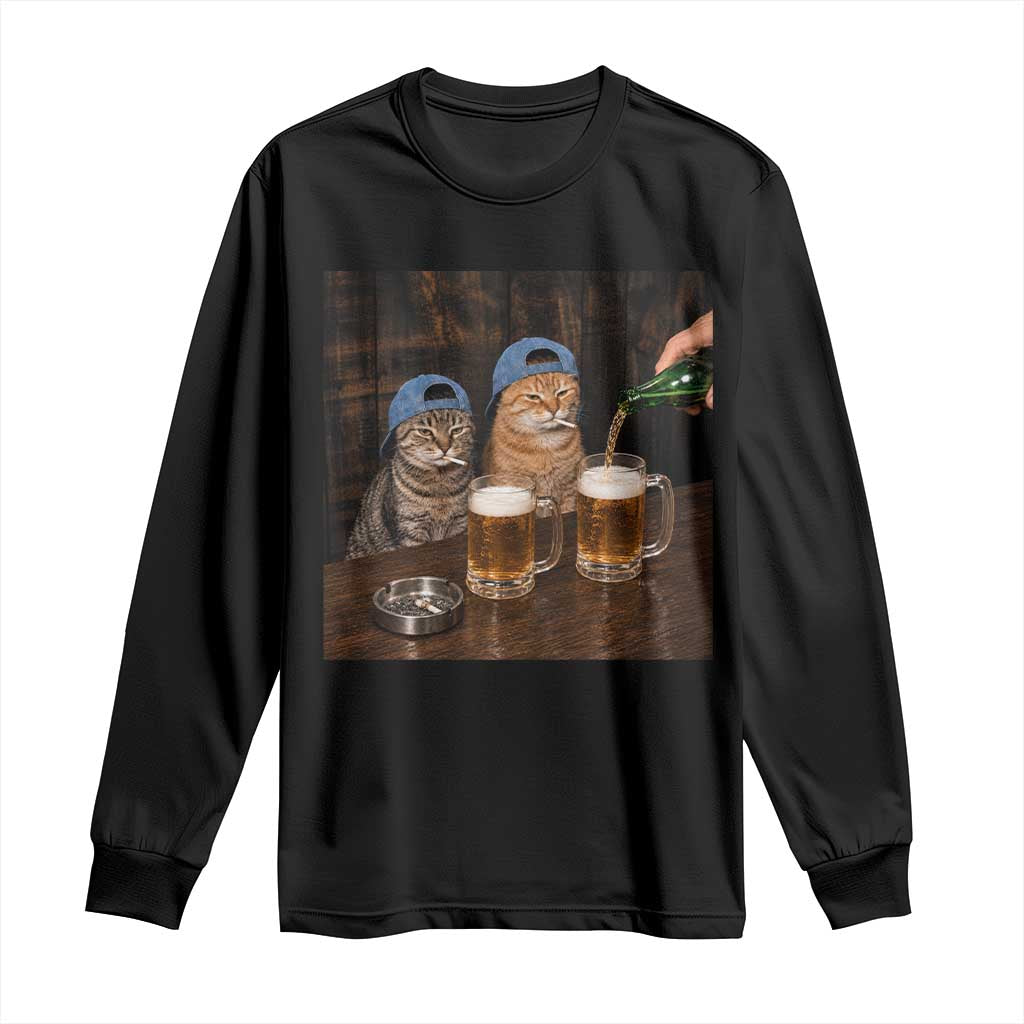Funny Smoking Cats Drinking Beer at the Bar Long Sleeve Shirt Funny Bad Boys Cigarette Kitty Gen Z Meme TS10 Black Print Your Wear