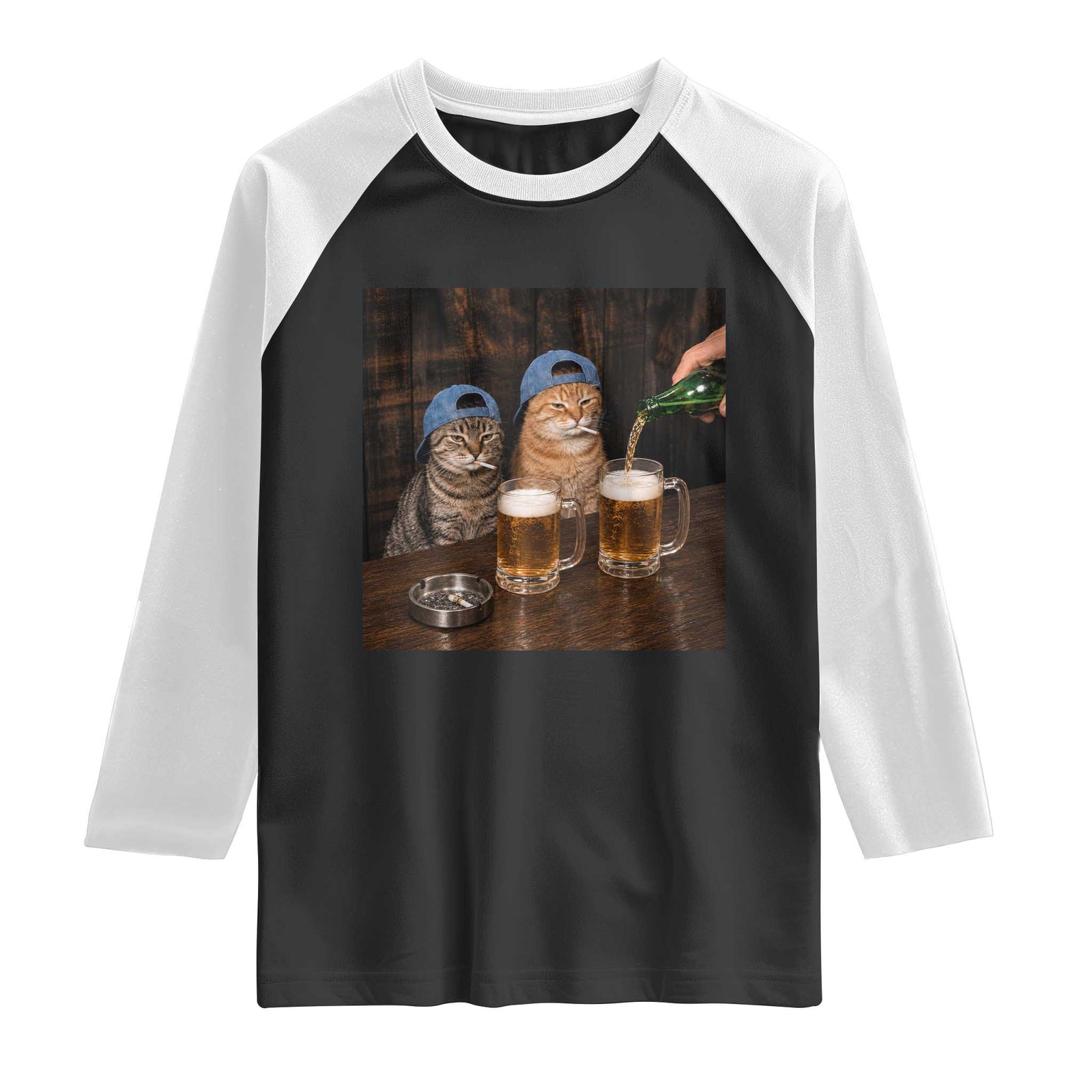 Funny Smoking Cats Drinking Beer at the Bar Raglan Shirt Funny Bad Boys Cigarette Kitty Gen Z Meme TS10 Black White Print Your Wear