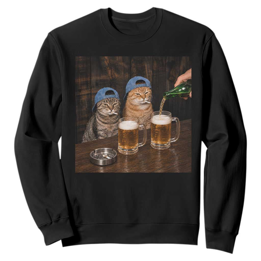 Funny Smoking Cats Drinking Beer at the Bar Sweatshirt Funny Bad Boys Cigarette Kitty Gen Z Meme TS10 Black Print Your Wear