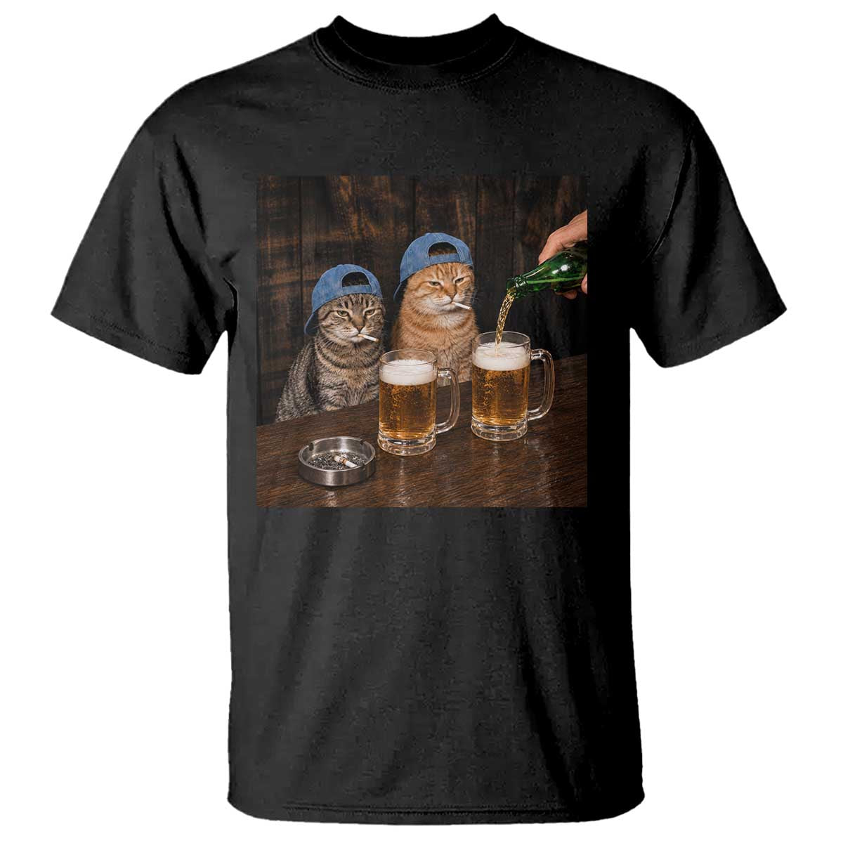 Funny Smoking Cats Drinking Beer at the Bar T Shirt Funny Bad Boys Cigarette Kitty Gen Z Meme TS10 Black Print Your Wear