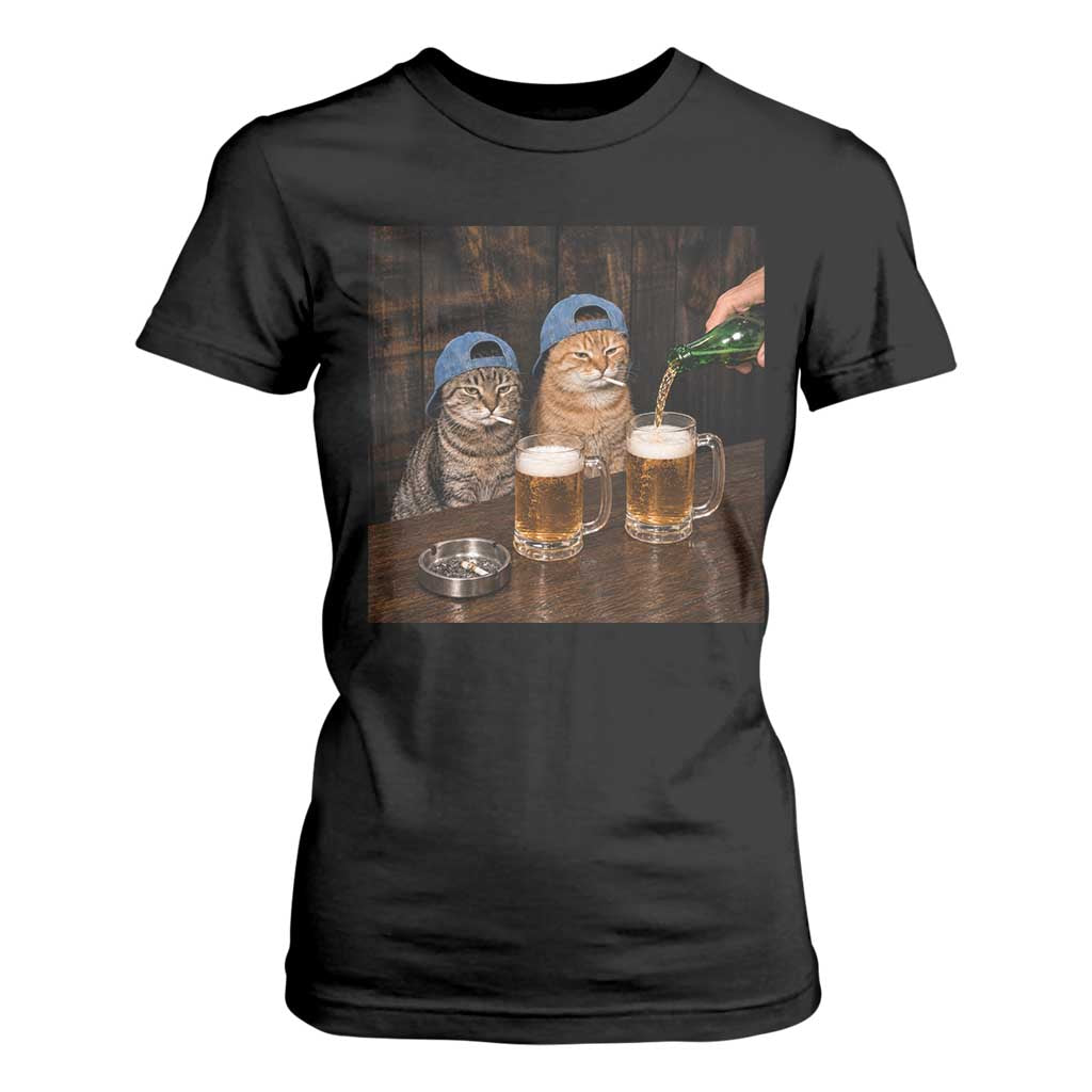 Funny Smoking Cats Drinking Beer at the Bar T Shirt For Women Funny Bad Boys Cigarette Kitty Gen Z Meme TS10 Black Print Your Wear