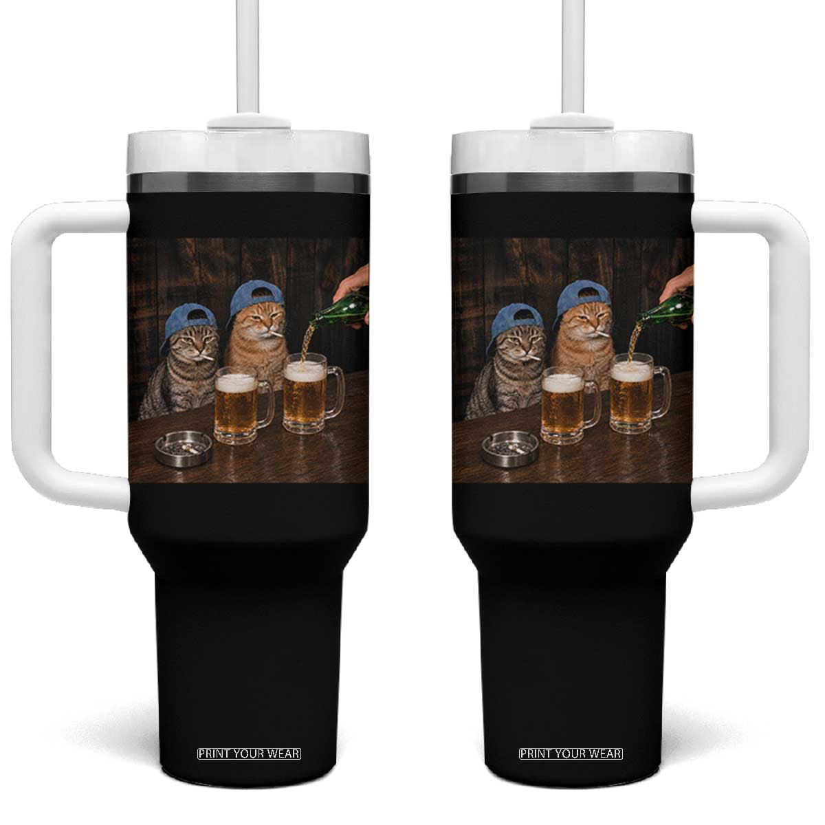 Funny Smoking Cats Drinking Beer at the Bar Tumbler With Handle Funny Bad Boys Cigarette Kitty Gen Z Meme TS10 One Size: 40 oz Black Print Your Wear