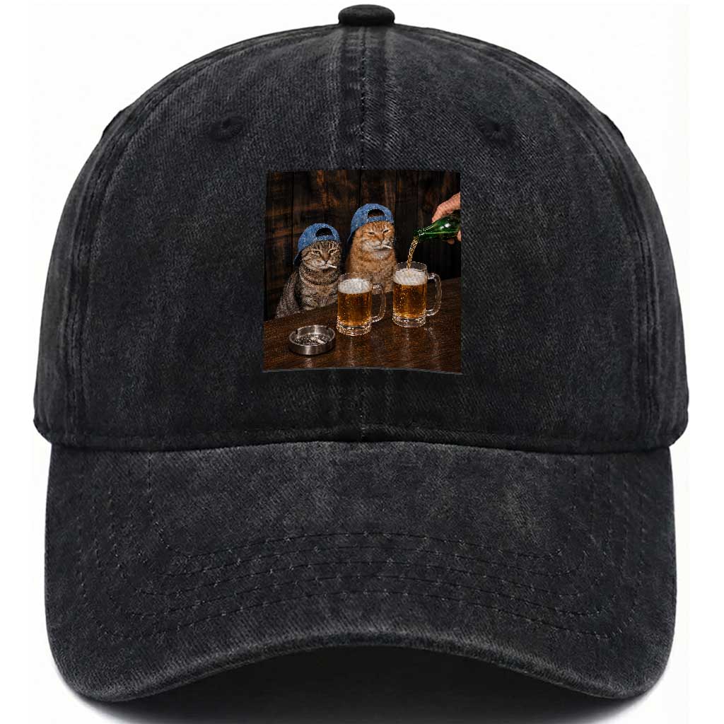 Funny Smoking Cats Drinking Beer at the Bar Washed Cotton Baseball Cap Funny Bad Boys Cigarette Kitty Gen Z Meme TS10 Print Your Wear