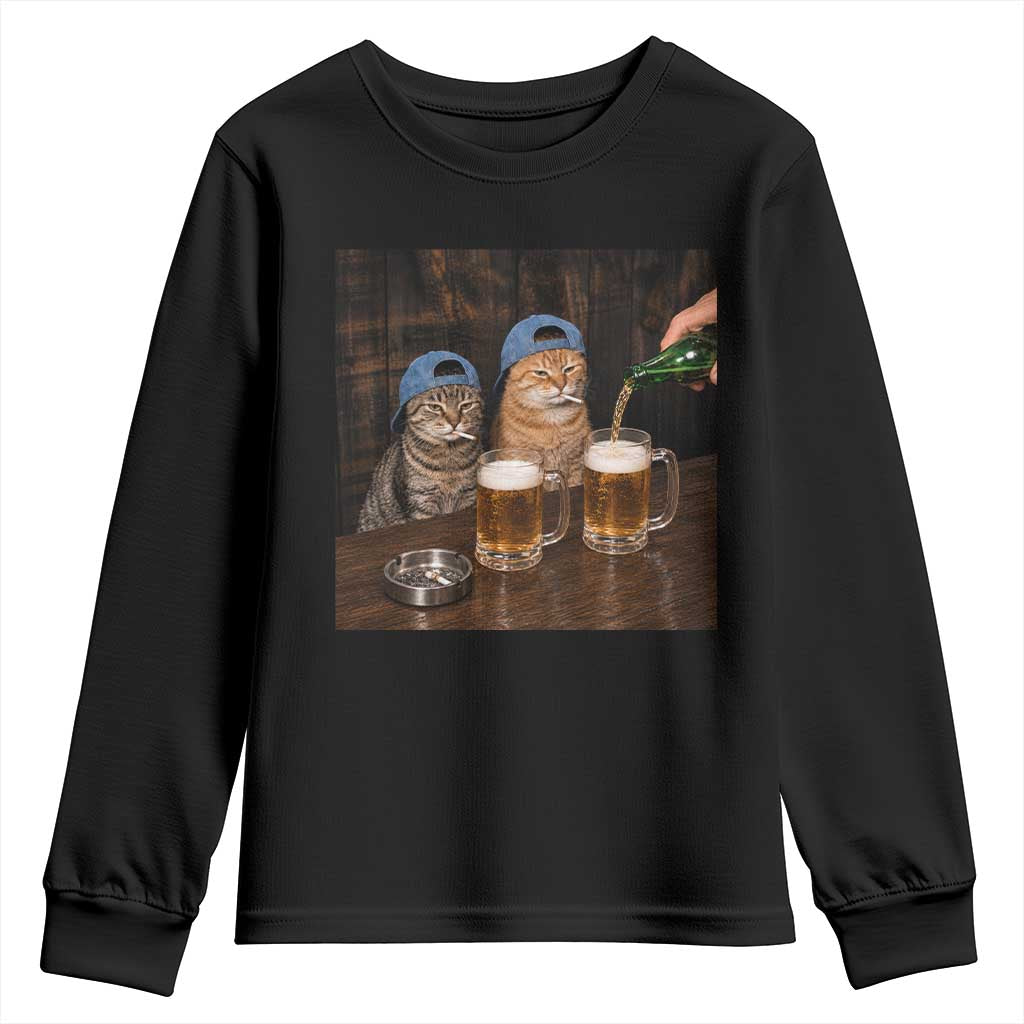 Funny Smoking Cats Drinking Beer at the Bar Youth Sweatshirt Funny Bad Boys Cigarette Kitty Gen Z Meme TS10 Black Print Your Wear