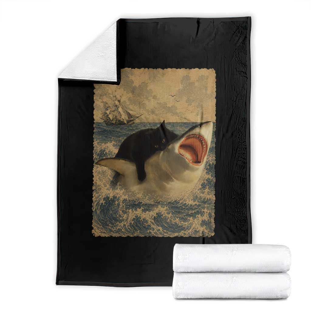 Black Cat Biting Shark Anime Graphic Japanese Throw Blanket Vintage Graphic Ukiyo-e Art TS10 Black Print Your Wear