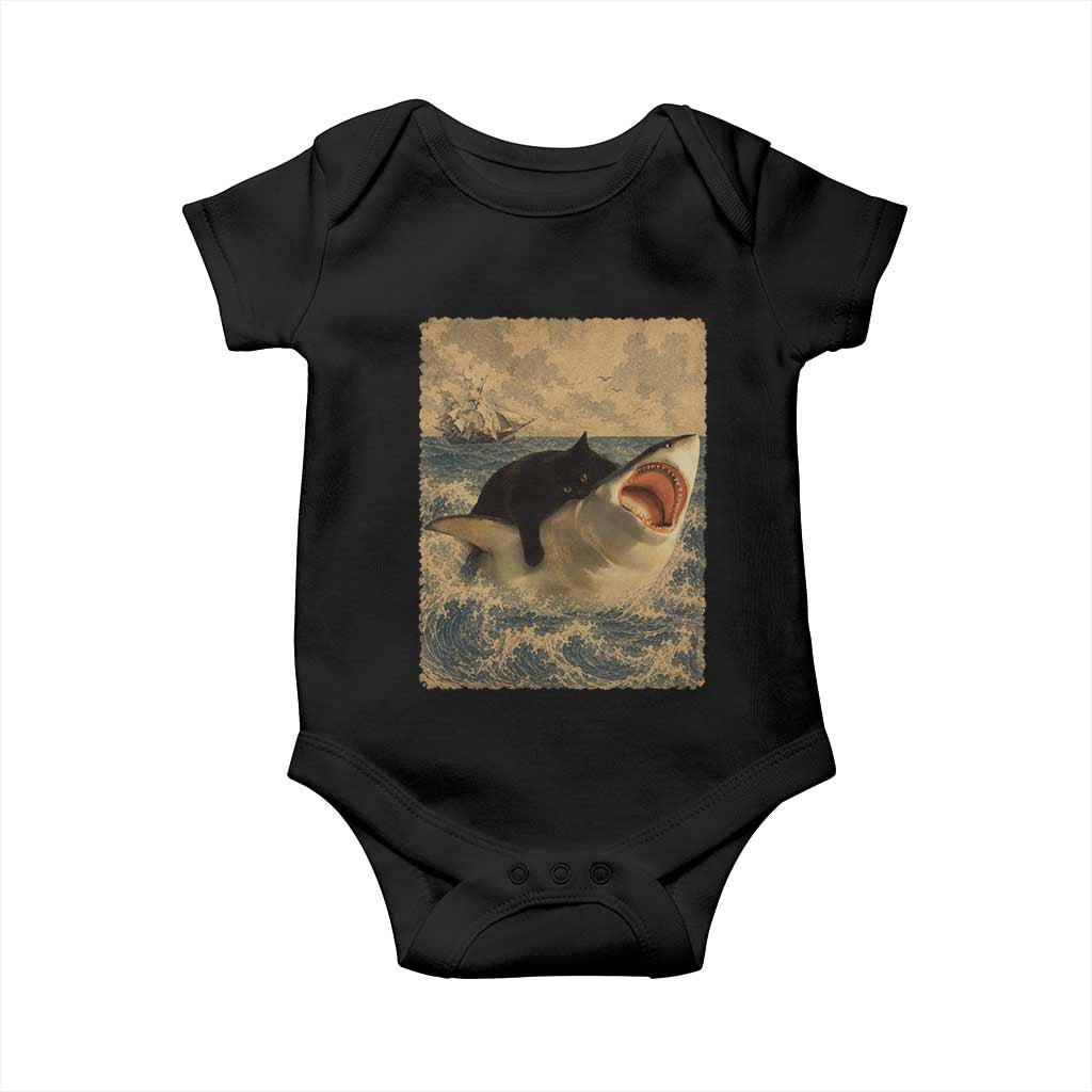 Black Cat Biting Shark Anime Graphic Japanese Baby Onesie Vintage Graphic Ukiyo-e Art TS10 Black Print Your Wear