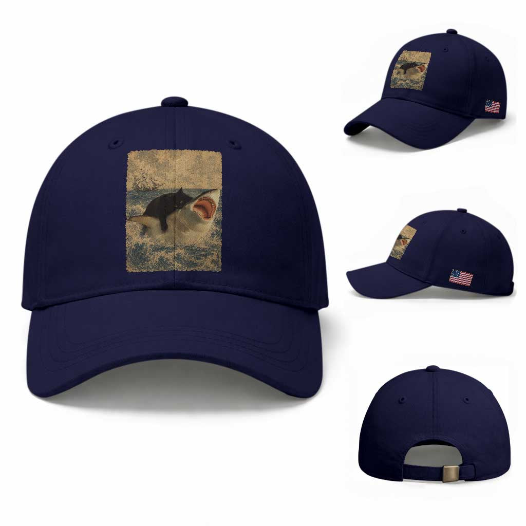 Black Cat Biting Shark Anime Graphic Japanese Baseball Cap Vintage Graphic Ukiyo-e Art TS10 Baseball Cap Universal Fit Dark Blue Print Your Wear