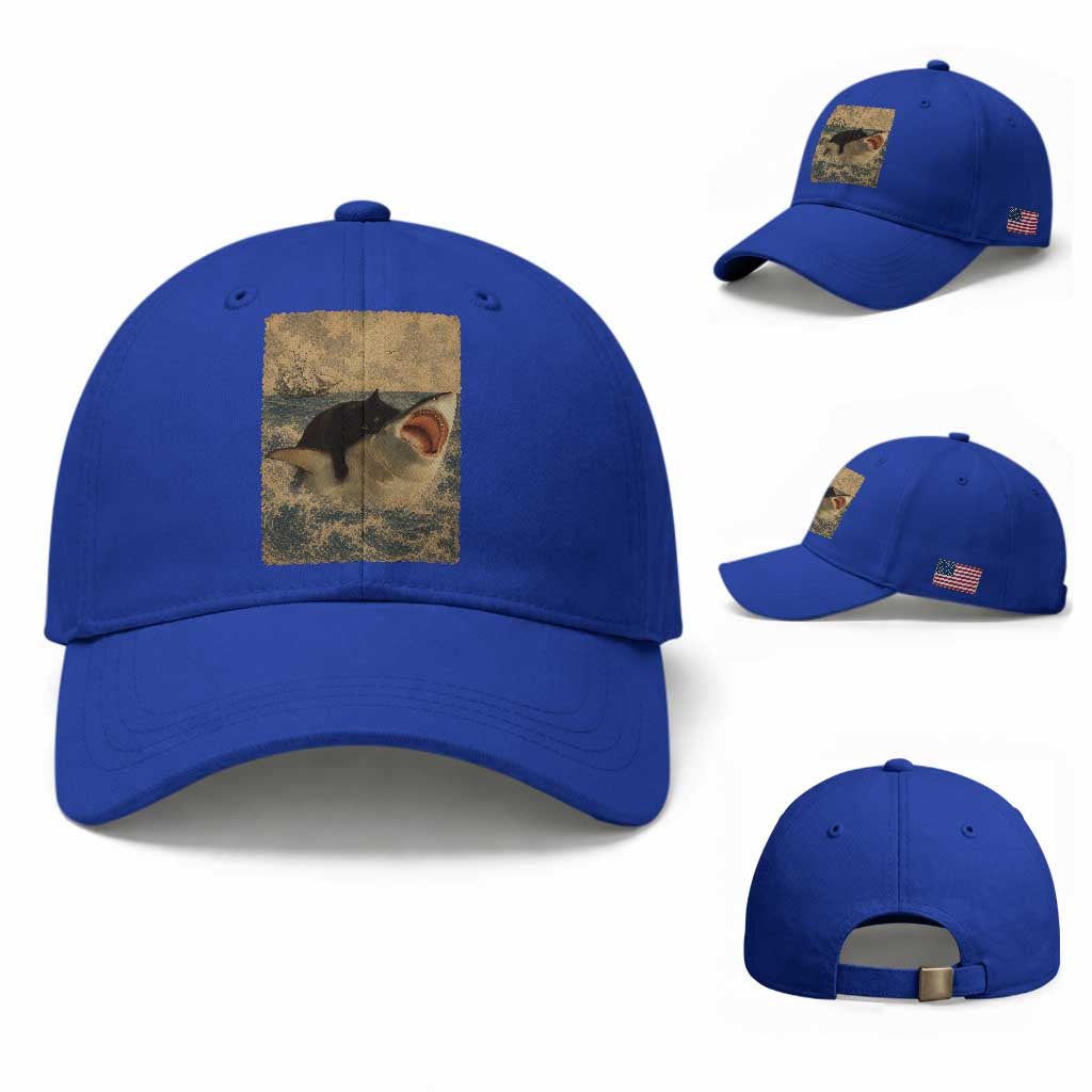 Black Cat Biting Shark Anime Graphic Japanese Baseball Cap Vintage Graphic Ukiyo-e Art TS10 Baseball Cap Universal Fit Royal Blue Print Your Wear