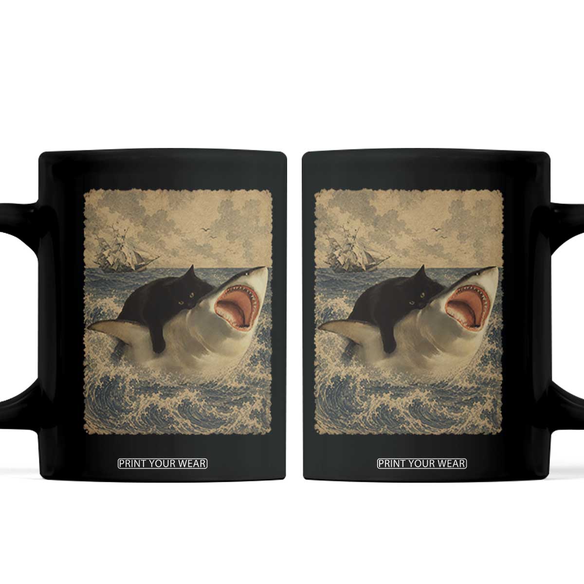 Black Cat Biting Shark Anime Graphic Japanese Coffee Mug Vintage Graphic Ukiyo-e Art TS10 Black Print Your Wear