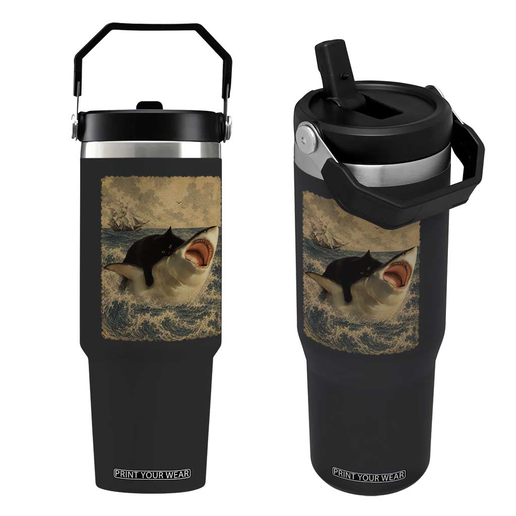 Black Cat Biting Shark Anime Graphic Japanese Flip Straw Tumbler Vintage Graphic Ukiyo-e Art TS10 One Size: 30 oz Black Print Your Wear