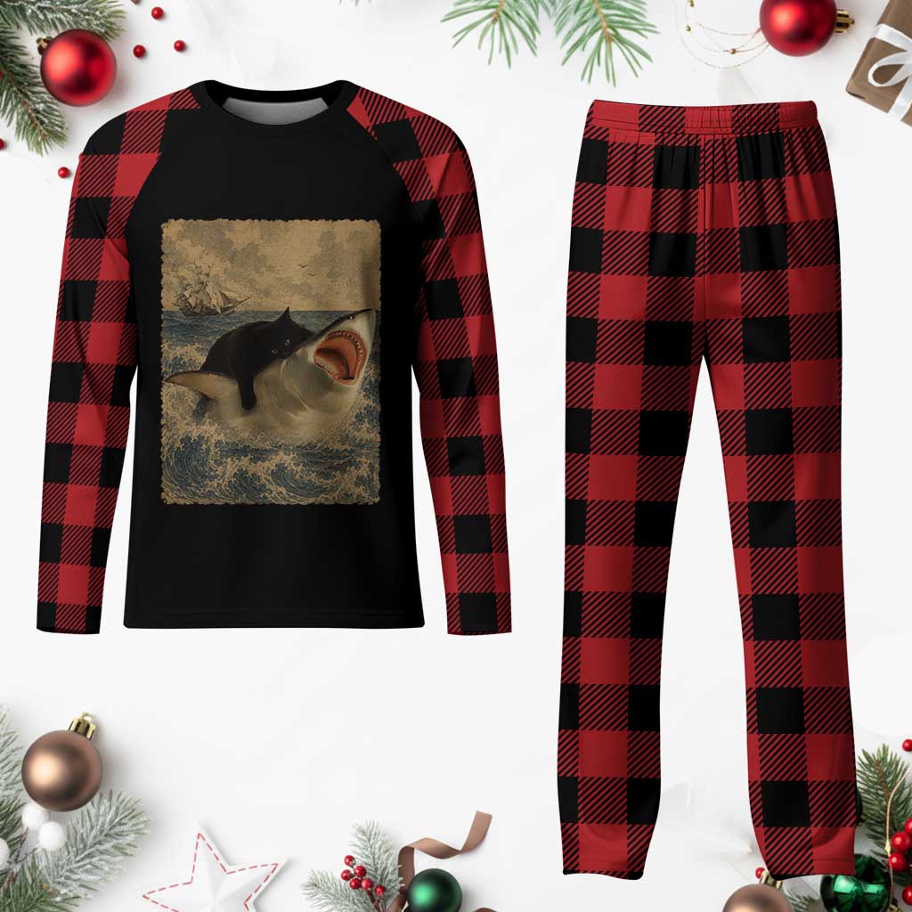 Black Cat Biting Shark Anime Graphic Japanese Plaid Pajama Set Vintage Graphic Ukiyo-e Art TS10 Buffalo Plaid Print Your Wear