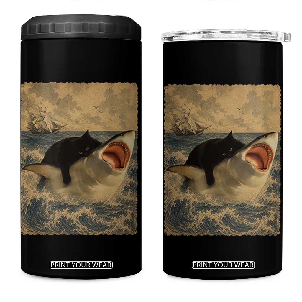 Black Cat Biting Shark Anime Graphic Japanese 4 in 1 Can Cooler Tumbler Vintage Graphic Ukiyo-e Art TS10 One Size: 16 oz Black Print Your Wear