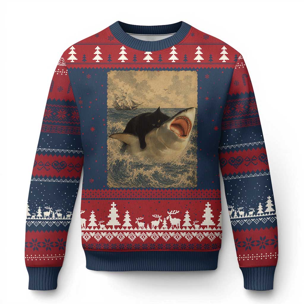 Black Cat Biting Shark Anime Graphic Japanese Ugly Christmas Sweater Vintage Graphic Ukiyo-e Art TS10 Navy Red Print Your Wear