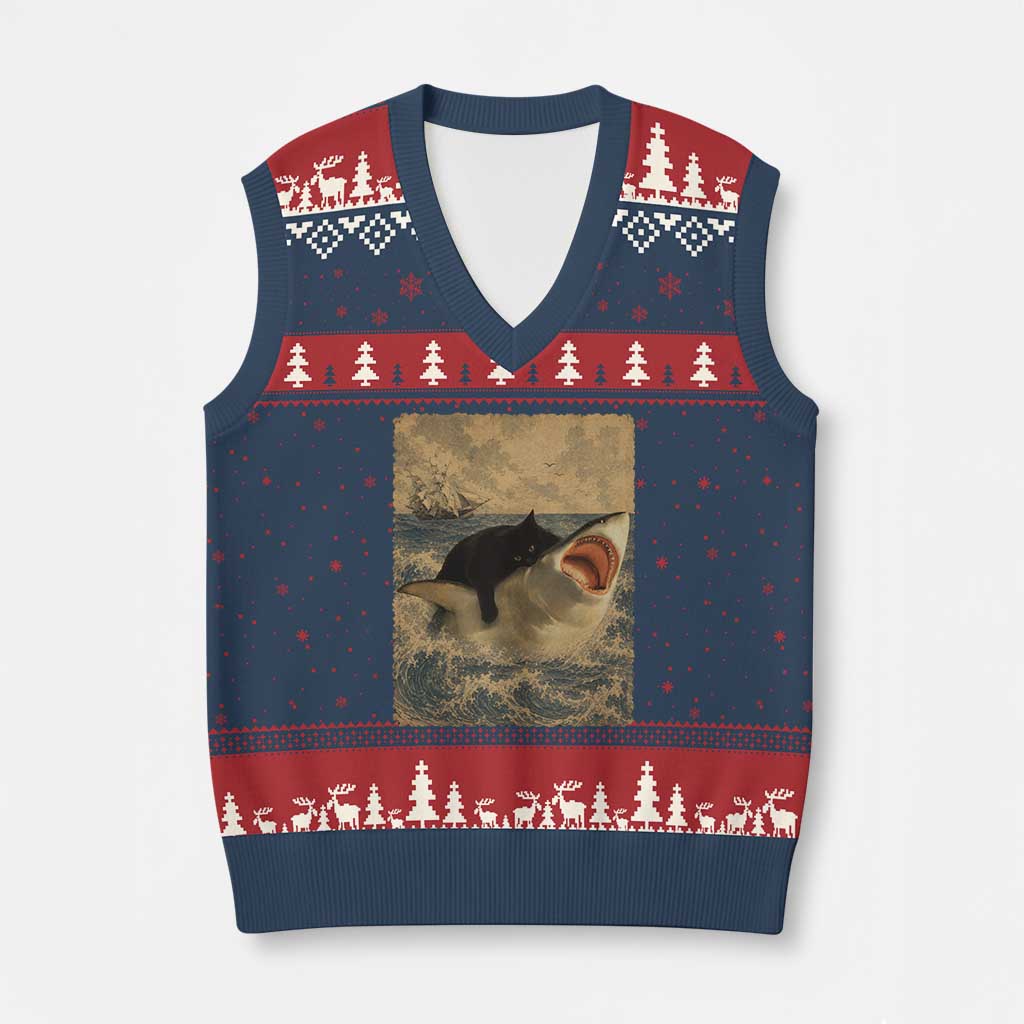 Black Cat Biting Shark Anime Graphic Japanese V-Neck Knit Sweater Vest Vintage Graphic Ukiyo-e Art TS10 Navy Red Print Your Wear