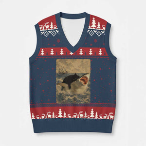 Black Cat Biting Shark Anime Graphic Japanese V-Neck Knit Sweater Vest Vintage Graphic Ukiyo-e Art TS10 Navy Red Print Your Wear