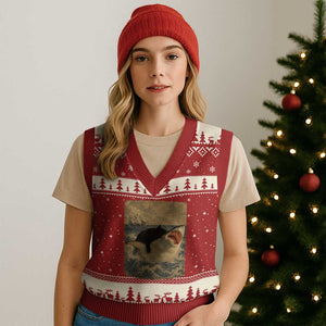 Black Cat Biting Shark Anime Graphic Japanese V-Neck Knit Sweater Vest Vintage Graphic Ukiyo-e Art TS10 Red Beige Print Your Wear