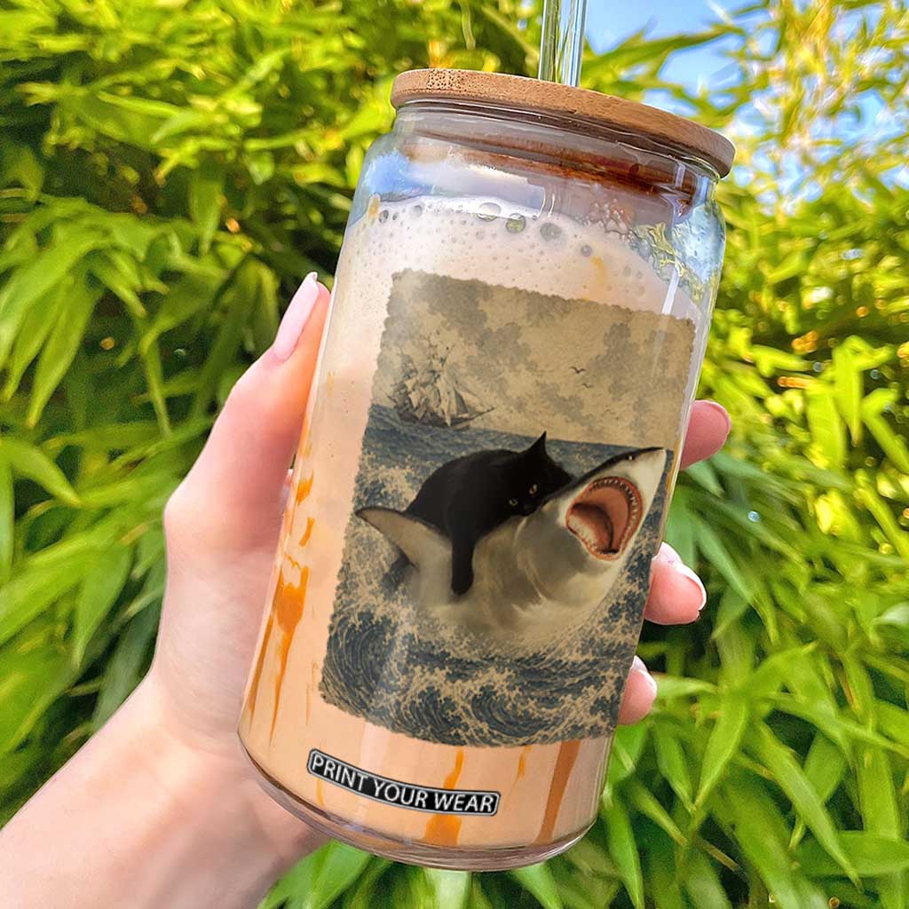 Black Cat Biting Shark Anime Graphic Japanese Glass Can Vintage Graphic Ukiyo-e Art TS10 Black Print Your Wear