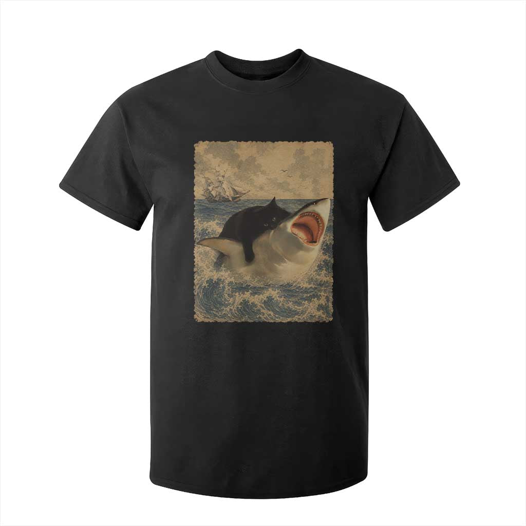Black Cat Biting Shark Anime Graphic Japanese T Shirt For Kid Vintage Graphic Ukiyo-e Art TS10 Black Print Your Wear