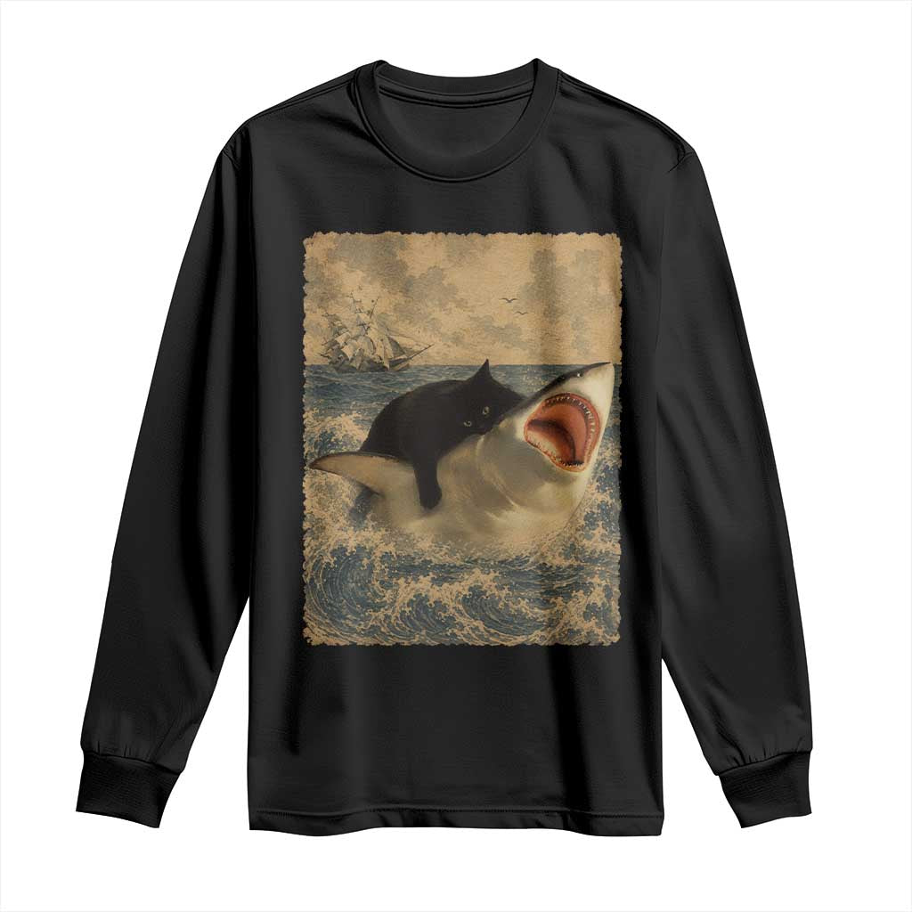Black Cat Biting Shark Anime Graphic Japanese Long Sleeve Shirt Vintage Graphic Ukiyo-e Art TS10 Black Print Your Wear