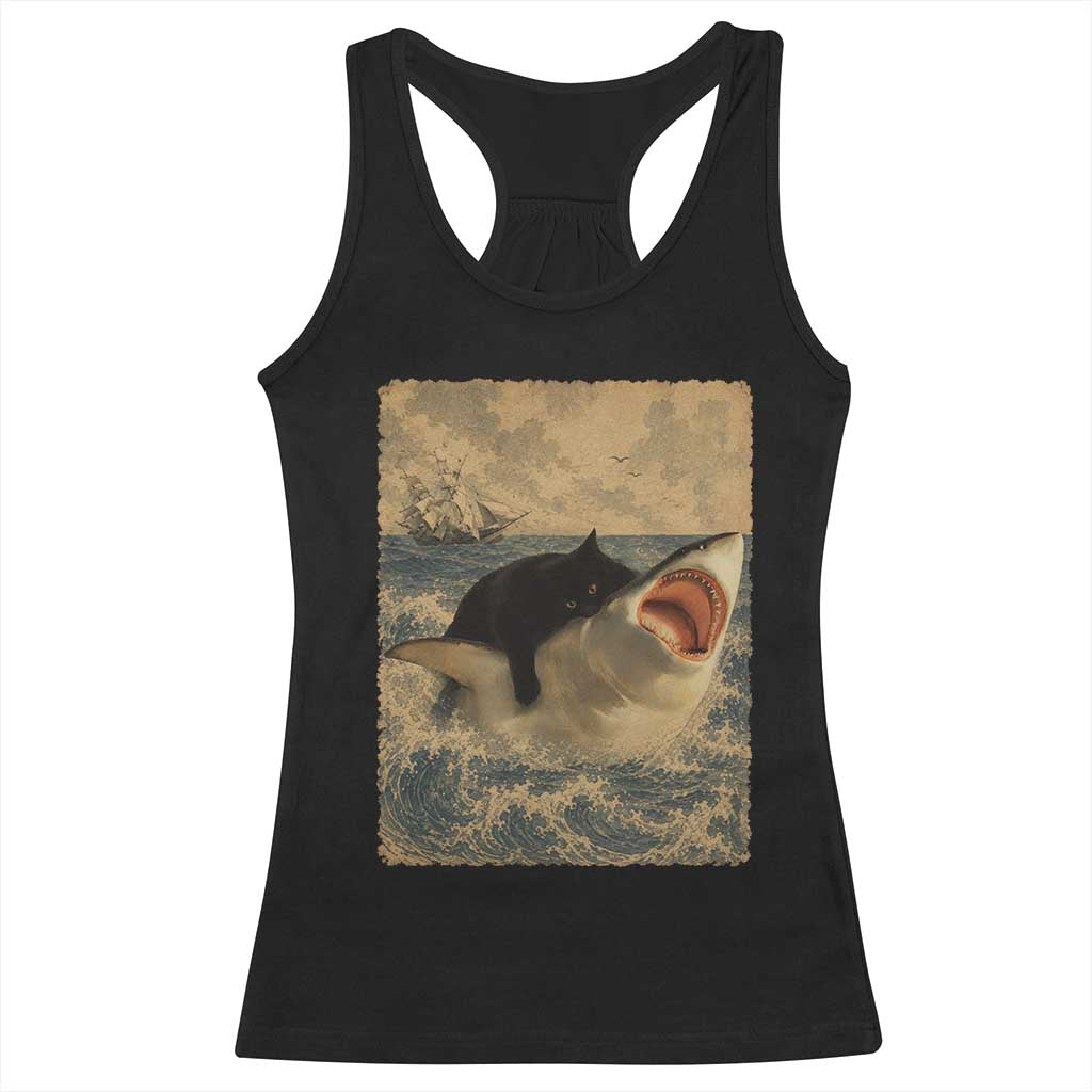 Black Cat Biting Shark Anime Graphic Japanese Racerback Tank Top Vintage Graphic Ukiyo-e Art TS10 Black Print Your Wear
