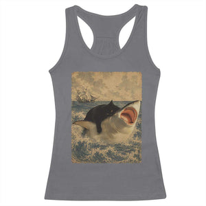 Black Cat Biting Shark Anime Graphic Japanese Racerback Tank Top Vintage Graphic Ukiyo-e Art TS10 Charcoal Print Your Wear