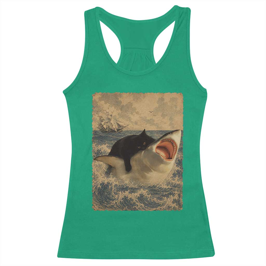 Black Cat Biting Shark Anime Graphic Japanese Racerback Tank Top Vintage Graphic Ukiyo-e Art TS10 Irish Green Print Your Wear
