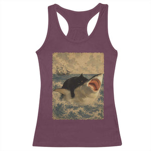Black Cat Biting Shark Anime Graphic Japanese Racerback Tank Top Vintage Graphic Ukiyo-e Art TS10 Maroon Print Your Wear