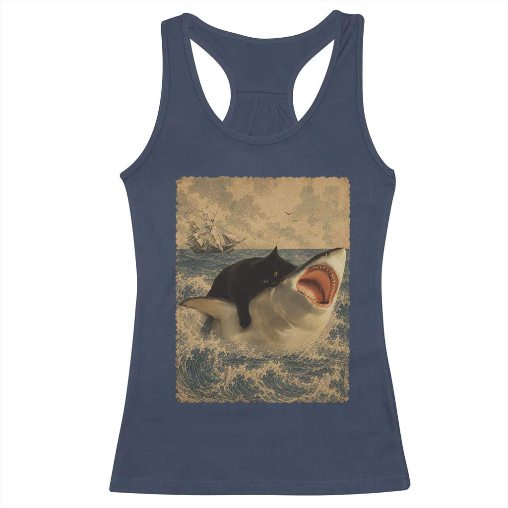 Black Cat Biting Shark Anime Graphic Japanese Racerback Tank Top Vintage Graphic Ukiyo-e Art TS10 Navy Print Your Wear