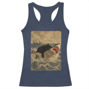 Black Cat Biting Shark Anime Graphic Japanese Racerback Tank Top Vintage Graphic Ukiyo-e Art TS10 Navy Print Your Wear