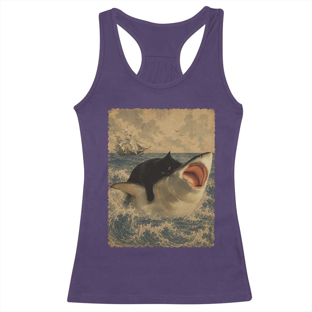 Black Cat Biting Shark Anime Graphic Japanese Racerback Tank Top Vintage Graphic Ukiyo-e Art TS10 Purple Print Your Wear