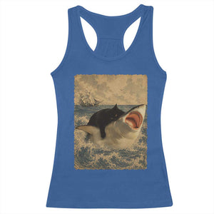 Black Cat Biting Shark Anime Graphic Japanese Racerback Tank Top Vintage Graphic Ukiyo-e Art TS10 Royal Blue Print Your Wear