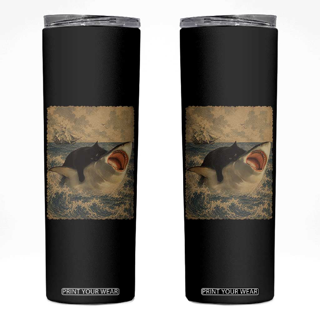 Black Cat Biting Shark Anime Graphic Japanese Skinny Tumbler Vintage Graphic Ukiyo-e Art TS10 Black Print Your Wear