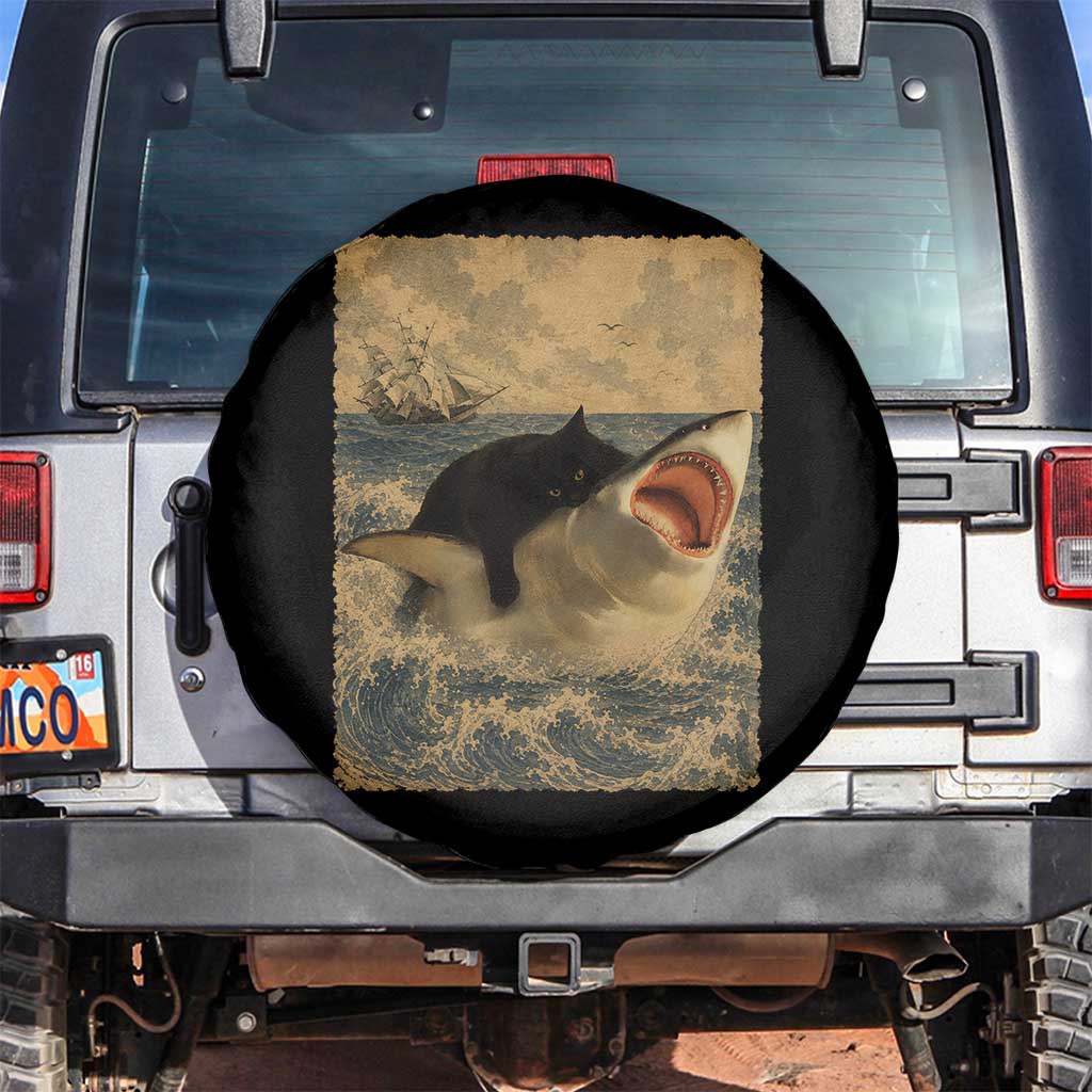 Black Cat Biting Shark Anime Graphic Japanese Spare Tire Cover Vintage Graphic Ukiyo-e Art TS10 No hole Black Print Your Wear