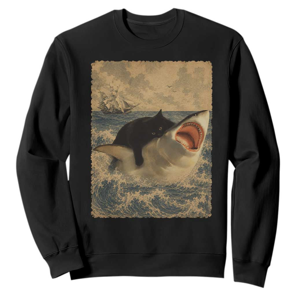 Black Cat Biting Shark Anime Graphic Japanese Sweatshirt Vintage Graphic Ukiyo-e Art TS10 Black Print Your Wear