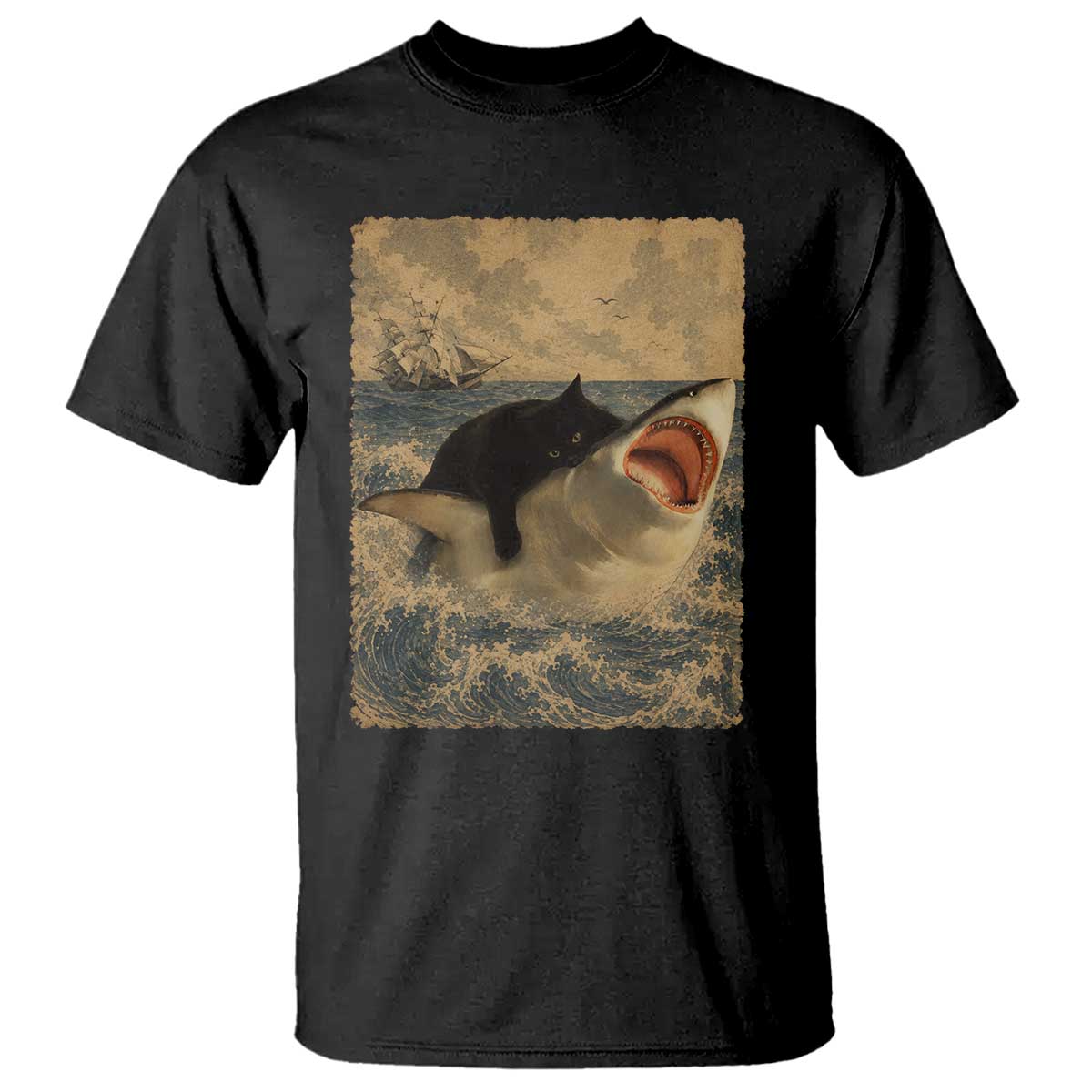 Black Cat Biting Shark Anime Graphic Japanese T Shirt Vintage Graphic Ukiyo-e Art TS10 Black Print Your Wear